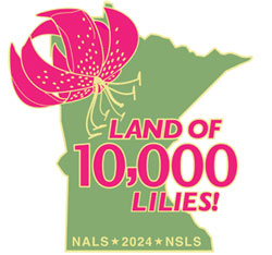 Logo for the 2024 show:  the shape of Minnesota with a blossom from a martagon lily, and the words "Land of 10,000 Lilies"